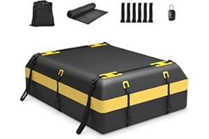 GiantexUK 15/21 Cubic Feet Car Roof Bag, Waterproof Cargo Top Carrier with Non-Slip Mat, Combination Lock, 6 Door Hooks & Straps, Rooftop Luggage Storage Box for Car Suv (Black+Yellow, 600L)