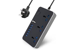 iBlockCube Universal Extension Lead with 6 USB Ports | 2 Meter Cable Power Strip Surge Protector, Wall Adapter Power Hub w/Switch | Fuse & Shutter, 3 Way Gang Socket Electrical, UK Plug (Black Gray)