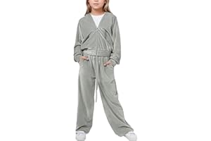 FEOYA Girls 2 Piece Velour Fleece Sweatsuit Kids Winter Warm Hooded Clothes Set Sports Velvet Zip Up Tracksuit