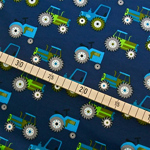 0,5×1,4m Jersey Trecker dunkelblau Traktoren & 0,5×0,7m Bündchen uni hellgrün Breite 70cm (Schlauchware 2x35cm) Muster-Mix 95% Baumwolle 5% Elastan - 2