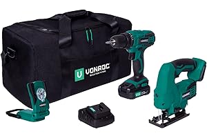 VONROC Juego de herramientas/máquina VPower 20 V – Bolsa de herramientas incluye: taladro inalámbrico, sierra de calar, luz de trabajo, 1 batería de 2,0 Ah y cargador rápido