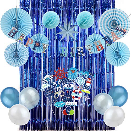 Easy Joy Decoration Anniversaire Marin Nautique Kit Bleu Happy Birthday pour Garçon Enfant + Photobooth Marin