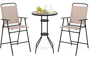 COSTWAY Mesa y Sillas Terraza de 3 Piezas, Mesa de Vidrio Templado Orificio para Sombrilla de 4 Cm, 2 Sillas Plegables, Conjunto Mesa y Sillas Jardin Balcon Exterior, Beige (sillas y Mesa)