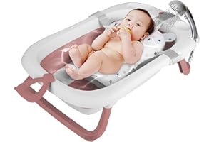 ‎SINBIDE Sinbide Groß Faltbare Baby Badewanne, Faltbare Babybadewanne mit rutschfestem Badekissen, Badewanne mit Thermometer zur Kontrolle der Wassertemperatur, Geschenke für Kleinkinder(rosa)