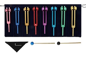 DRELD Set di 8 Diapason Chakra Colorati, 126.22/136.1/141.27/172.06/194.18/210.42/221.23/272.2Hz con 2 Martelli in Silicone e Una Borsa per Terapia del Suono, Equilibrio, Guaritori, Vibrazione