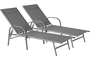 Harbour Housewares 2x Grey 194.5cm Garden Sun Loungers Bed - Adjustable Reclining Outdoor Patio Sunbed Furniture - Sussex Range