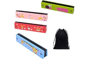 BEIIEB 4 szt. Harmonijka z kreskówek dla dzieci, 16 otworów, podwójny rząd, harfa diatoniczna, drewniana harmonijka z 4 torbami do przechowywania dla początkujących, dzieci i studentów