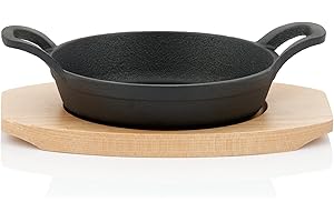 BBQ-Toro Gusseisen Servierpfännchen mit Holzunterlage | Ø 16 cm | bereits eingebrannt - preseasoned | Gusseisen Grillpfannen, Pfännchen, Servierpfanne, Grillpfanne, Gusspfanne