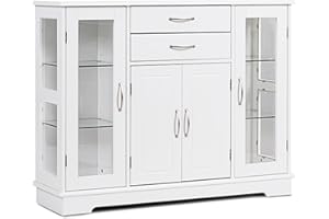 TANGZON Storage Cabinet, Sideboard with 2 Glass Doors, 2 Drawers & Adjustable Shelves, Wooden Buffet Cupboard for Kitchen, Dining Room and Living Room (White)