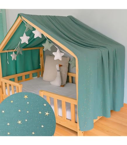 Rideau De Lit En Mousseline 100% Coton - 125 X 390 Cm, Blanc étoilé, Pour Lits Cabanes Enfants