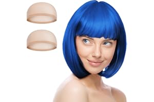 AUYAO Peluca Azul Rey Brillantes, Recta Corta Peluca de Anime Cosplay con Redecilla Pelo, Pelucas Corto Bob con Flequillo, Pelucas de Color Neón para Halloween Carnaval de Mujer y Niñas