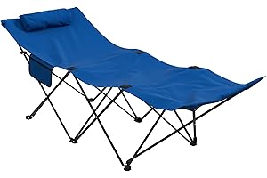 Outsunny Camping Bed for Adults, Single Folding Camp Bed with Headrest, Portable Camping Cot with Oxford Seat and Side Pocket for Outdoor, Travel, Fishing, Dark Blue