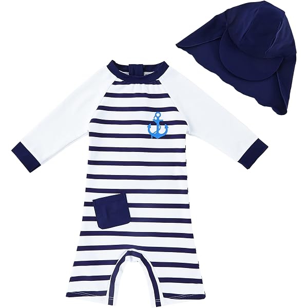 Ensemble Maillot De Bain Anti-UV Bébé Garçon - Combinaison Intégrale + Chapeau à Visière Et Rabat Nuque