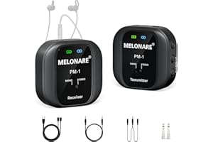 MELONARE PM-1 Drahtloses In-Ear-Monitoring-System – UHF 500 MHz, Geringe Latenz, HD-Audio, Sender und Empfänger mit Gürtelclip, 10 Kanäle, Mono-/Stereo-Auswahl, IEM für Live-Auftritte, Studio, Bands