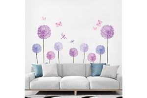 ufengke Adesivi da parete con dente di leone viola, adesivi da parete, fiori e farfalle per camera da letto, bambini, bambini, bambini, bambini, soggiorno, decorazione da parete