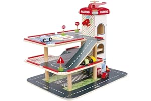 WOOD’N PLAY WOOD N PLAY - Gioco in Legno Garage Tre Piani - Parking Center con Ascensore, Rampe e Pista Macchinine Giocattolo per Bambini - con 4 Veicoli, 1 Elicottero, 5 Segnali Stradali - Giochi per Bambini