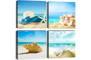 Artscope 4 Pieces Wall Art Canvas Prints - Blue Sky and Sea Star, Conch and Drifting Bottle Picture Painting- Modern Wall Artwork Framed for Bathroom Home Office Decor - 30 x 30 CM