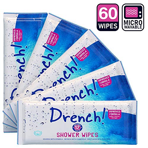 60 x salviette premium per il bagno:"Doccia calda senza acqua!". Senza profumo, nessun residui appiccicos e nessun pasticcio! (5 confezioni da 12 Drench! Medicali)