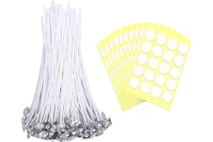 ASLANKA 200 Pieces Candle Wicks, 6in(15cm) Candle Wicks Pre Waxed Wicks, Candle Wicks with 200 PCS Candle Wick Stickers for Candle Making DIY