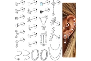 Adramata 25Pcs Piercing Oreille Acier Chirurgical Boucles d'Oreilles Femme Créoles Plaqué Or/Argent 18K Petite Boucles d'Oreilles Dos Plat CZ Chaine Piercings Conch Cartilage Piercing Helix Tragus