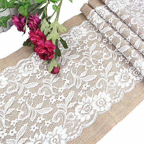 PsmGoods® Rustic Burlap Spitze Hessischen Tischläufer Natürliche Jute für Hochzeit Festival-Ereignis Tischdekoration 30x108cm-weiße Spitze - 2