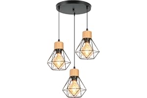 TOKIUS Suspension Luminaire Vintage Industrielle Lustre Abat-jour en Métal et Bois Ø160mm Plafonnier E27 avec Bois Rétro Pour Salon Cuisine Chambre (B-avec Base)