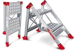Faraone - Taburete Alto de Aluminio SGP02 - con 2 Peldaños - 102x57x15 cm - Plegable y Ligero - Ideal para Trabajos en Altura - Peso Soportado de 150 kg - Peldaños Antideslizantes