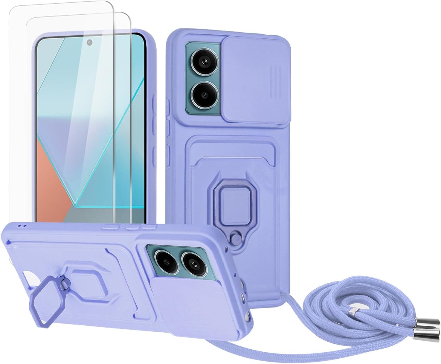 Zallagre Funda con Cuerda Compatible con Redmi Note 13 Pro 5G,[2 Packs Cristal Templado],Ranura para Tarjetas,Cubierta de Cámara Deslizante Proteger,360 Anillo Soporte-Morado