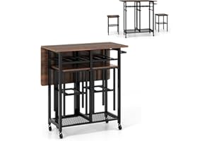 GIANTEX MY44563ES mobilny wózek z wysuwanym stołem składanym, kwadratowy, składany, 3-częściowy, z regałem na wino, dolnym regałem i uchwytem przesuwnym, 2 taborety i blokowanymi kółkami (orzech