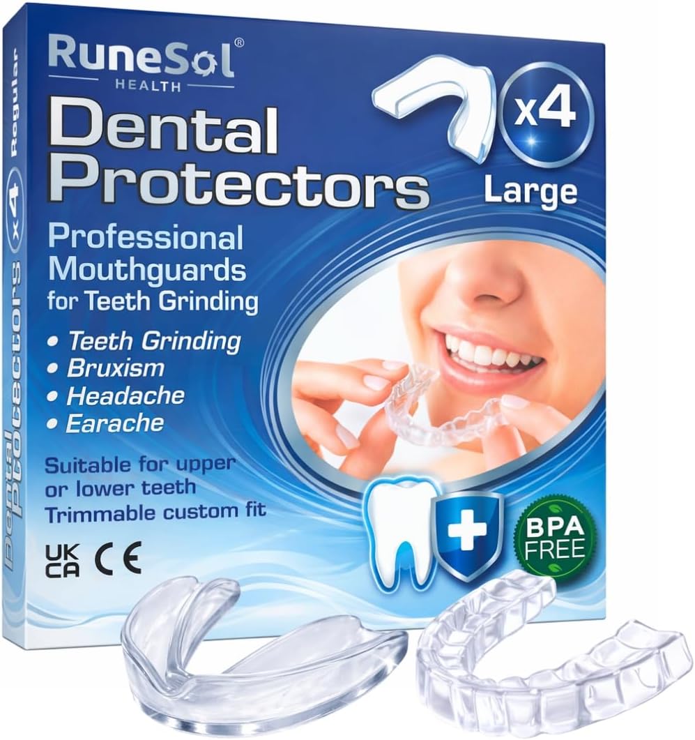 Runesol Ferula Descarga Bruxismo, 4pcs Grande Bruxismo Dental Noche, Sin BPA y Dispositivo Dédico CE Ferula Dental Bruxism, Protector Bucal para Dormir, Bruxism, Roncar, Deporte, Funda Dientes
