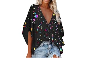 MICKURY Pullover Damen,Frauen Ausgestellte äRmel Tops Sommer Boho Blumen Retro Bedrucktes Hemd Kurzarm Button Down V Ausschnitt Bluse LäSsige T Shirts