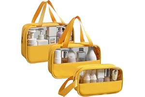 Mikytoper Clear Toiletry Bag 3 pcs, Waterproof Wash Bags Set in PVC, Large Capacity Makeup Bag with Handle, Travel Cosmetic Bag for Men and Women (Yellow)