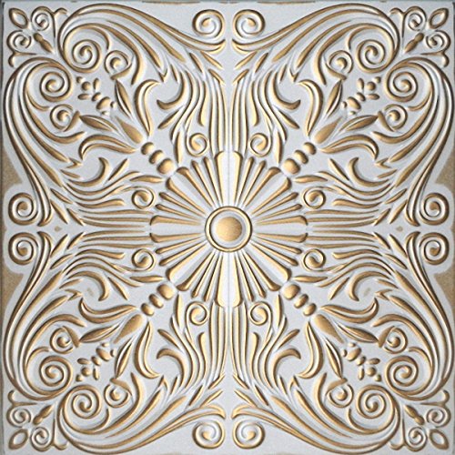 Pintado a mano de espuma de poliestireno techo Retro 76 blanco - oro, 500 x 500 mm