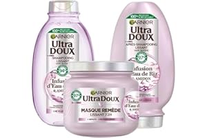 Garnier Ultra Doux - Routine Lissante Douceur & Brillance - À l'Infusion d'Eau de Riz - Cheveux Rebelles et Indisciplinés - Shampooing (250ml), Masque (340ml) et Après-Shampooing (200ml)