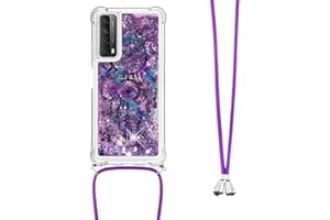 LEMAXELERS Funda con Cuerda para Huawei P Smart 2021,Carcasa Huawei P Smart 2021,Brillante Brillo Liquida Quicksand Cuello Cadena Carcasa Transparente Silicona TPU Case con Collar Correa,YB GS FL
