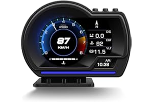 PIOUSUNT HUD Head-Up-Display OBD2+GPS Dualsystem - Digitale Anzeige Geschwindigkeit (KMH/MPH), Drehzahl, Turbo, Wasser-/Öltemperatur | Mit Überdrehzahlalarm & einstellbarer Halterung | Universal für alle Autos
