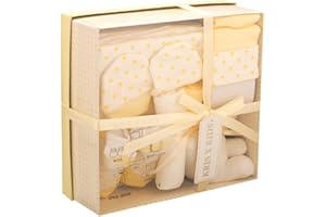 BEE BO Newborn 7 Piece Luxury Boxed Gift Set, each box contains 1 x Teddy, 1 x Hat, 1 x Pair of Mittens, 2 x Wash Cloths, 1 x Pair of Socks and 1 x Burp Cloth Lemon set