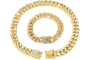 Ceihwa 12mm Chaine Hip Hop Diamant Homme Iced Out Collier et Bracelet Miami Bijoux Hip Hop pour Hommes Femmes Maille Cubaine Cuban Link Chain for Men Collier Chaîne Faux Diamant Bling
