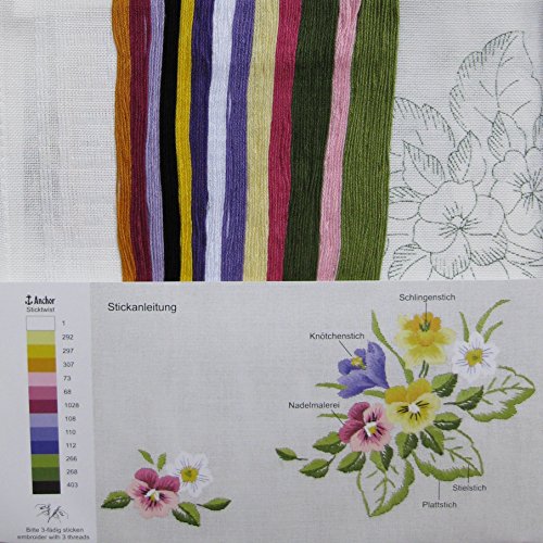 Stickpackung STIEFMÜTTERCHEN PARADIES / Blumen Stickset mit Stickvorlage für Erwachsene / Komplettes Vorgezeichnetes Tischdecken Set zum Sticken - 2
