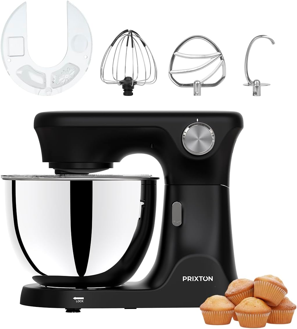 PRIXTON Batidora Amasadora KR350 2000W con Bol de Acero Inoxidable de 8 L, 6 Velocidades + Manual, Amasar Mezclar y Batir, Accesorios de Aluminio y Acero Inoxidable