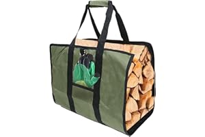 Aobuviou Large Firewood Carrier Bag Wax Canvas 39.4”x18.5” Heavy Duty Firewood Log Carrier Tote Bag with Handle Durable Waterproof Green Wood Storage Bag Premium Fireplace Log Holder for Camping