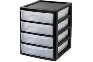 SIDSONS A4 PLASTIC STORAGE DRAWERS DRAW TOWER UNIT OFFICE DESKTOP TABLETOP HOME SCHOOL GARAGE MODULAR & PORTABLE DRAWERS DESK ORGANIZER SLIM A4 SIZE 2|3|4|6|8 TIERS (Black/Clear, A4 Slim 4 Drawers)