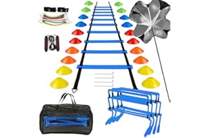 BJNCDIO Fussball Trainingszubehör, Fussball Trainingsset Koordinationsleiter Trainingsleiter, 20 Hütchen, Einstellbare Hürden, Widerstandsschirm, Springseil, Bänder, Fussball Geschenk Jungen