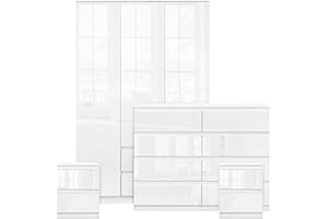 Blisswood High Gloss 4 Piece Bedroom Set With 3 Door Wardrobe & 8 Drawer Chest of Drawer + 2 Drawer 2 Bedside Table Cabinet Bedroom Furniture Set for Bedroom Storage furniture (White)