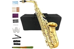 Yinfente Saxophone alto en mi bémol pour adultes débutants, saxophone étudiant, kit complet avec anches, coussinets, étui de transport rigide, chiffon de nettoyage et tige, embouchure, gants, sangle