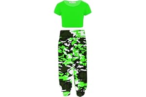 janisramone Kids Girls New Neon Crop Top Army Camo Print Alibaba Harem Leggings 2 Pcs Co-ord Dance Sets