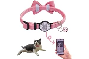 THAIN Personalised Cat Collar with bell and Bowtie Breakaway QR Code Name Smart ID tag quick release soft comfortable collar for cats and kittens (Pink)