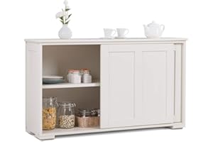 ‎COSTWAY COSTWAY Sideboard, Küchenschrank mit Schiebetüren & verstellbarem Ablage, Buffetschrank Aufbewahrungsschrank, Beistellschrank für Küche, Esszimmer, Wohnzimmer, 107 x 33 x 60 cm, Holz, Cremeweiß