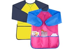 CHSTARINA 2 Pack Kids Art Smock Toddler Smocks Waterproof Artist Painting Aprons with Long Sleeve and 3 Pockets for Painting,Cooking,Eating,Arts & Crafts Childs Paint Apron for Children Ages 3-8