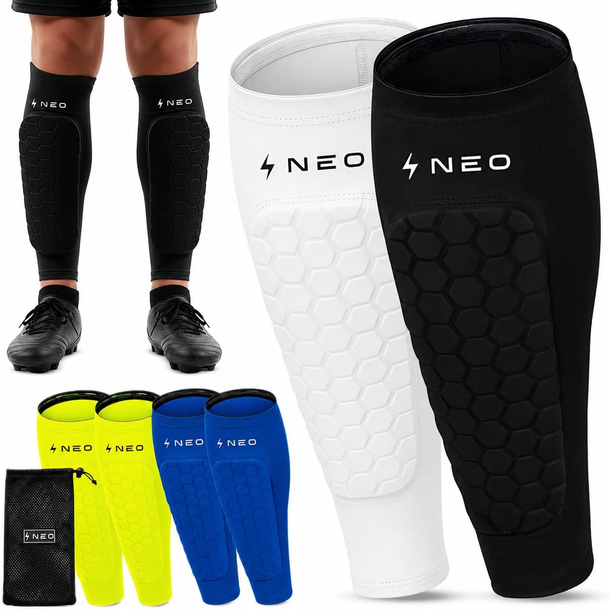 NeoDynamic - 2 Pares Espinilleras Futbol Niño Premium | Protección de Pantorrilla para Adultos y niños | Bolsa De Regalo | Transpirable y Antigolpes | Ideales para Fútbol, Baloncesto, Ciclismo